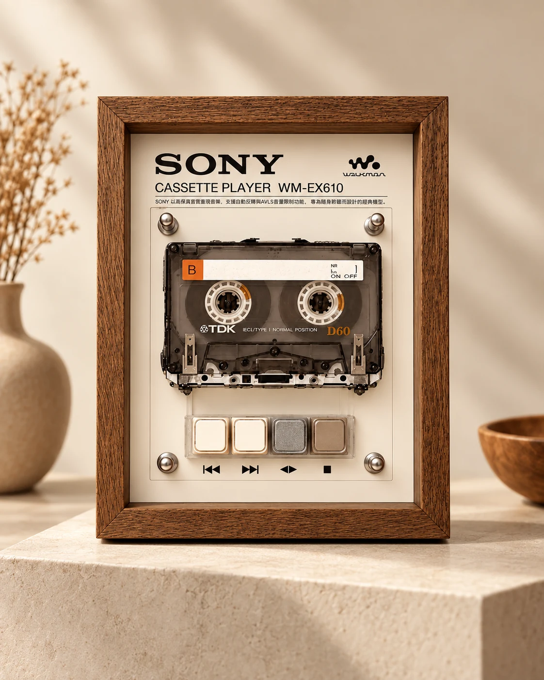 EX610 listing reference with a cassette above four rectangular controls in a wooden frame