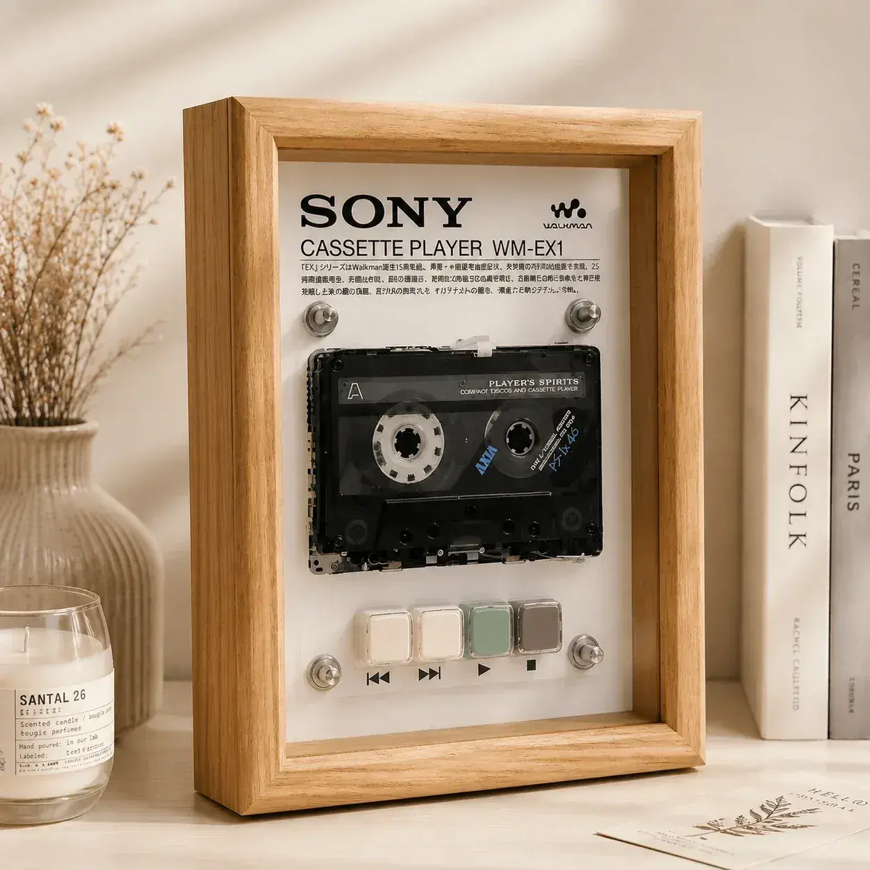 Framed WM-EX1 cassette player display piece in a sunlit room